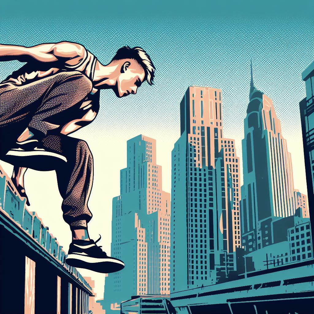 A parkour athlete in urban landscape - Pop art style