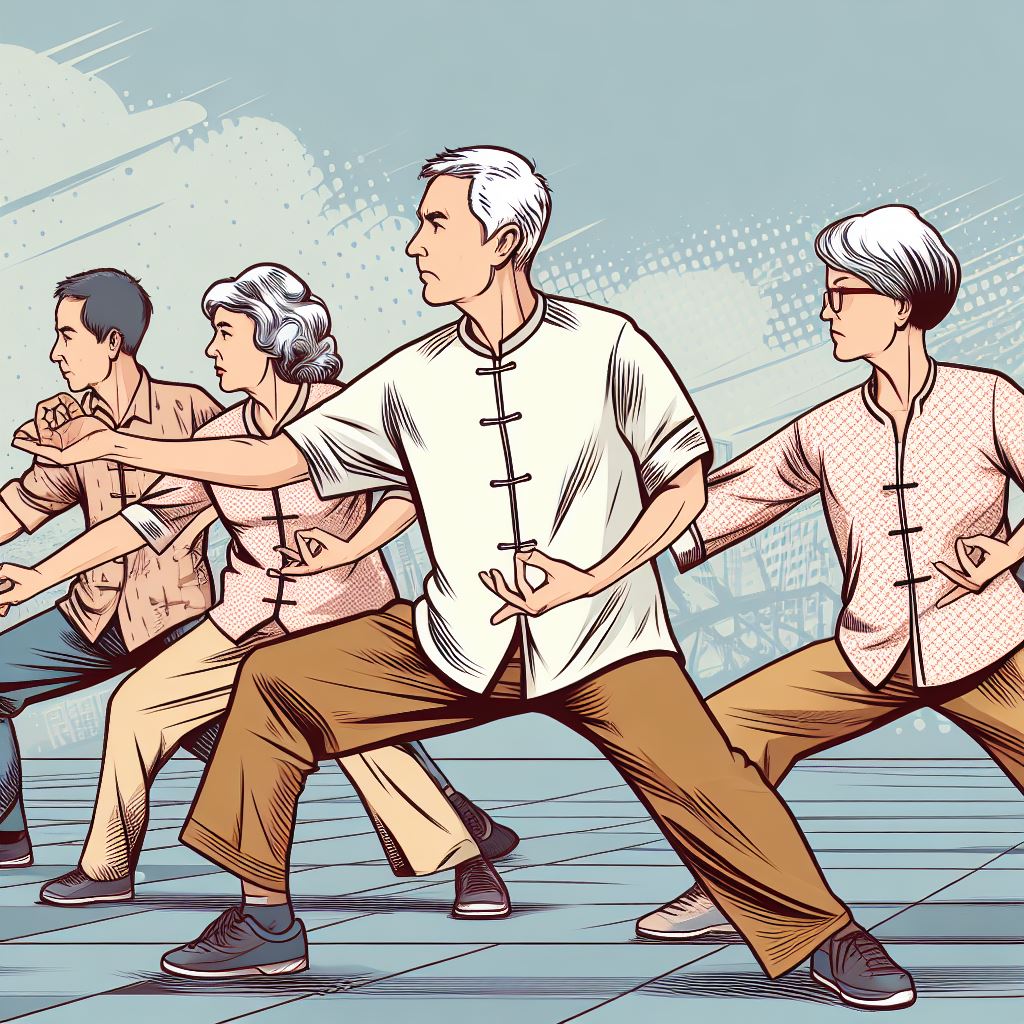 A group of seniors practicing tai chi - Comic book style