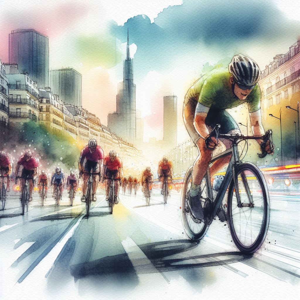 A cyclist racing through a city - Watercolor style