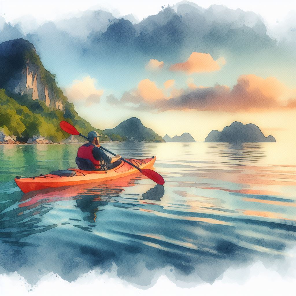 A kayaker enjoying calm waters - Watercolor style