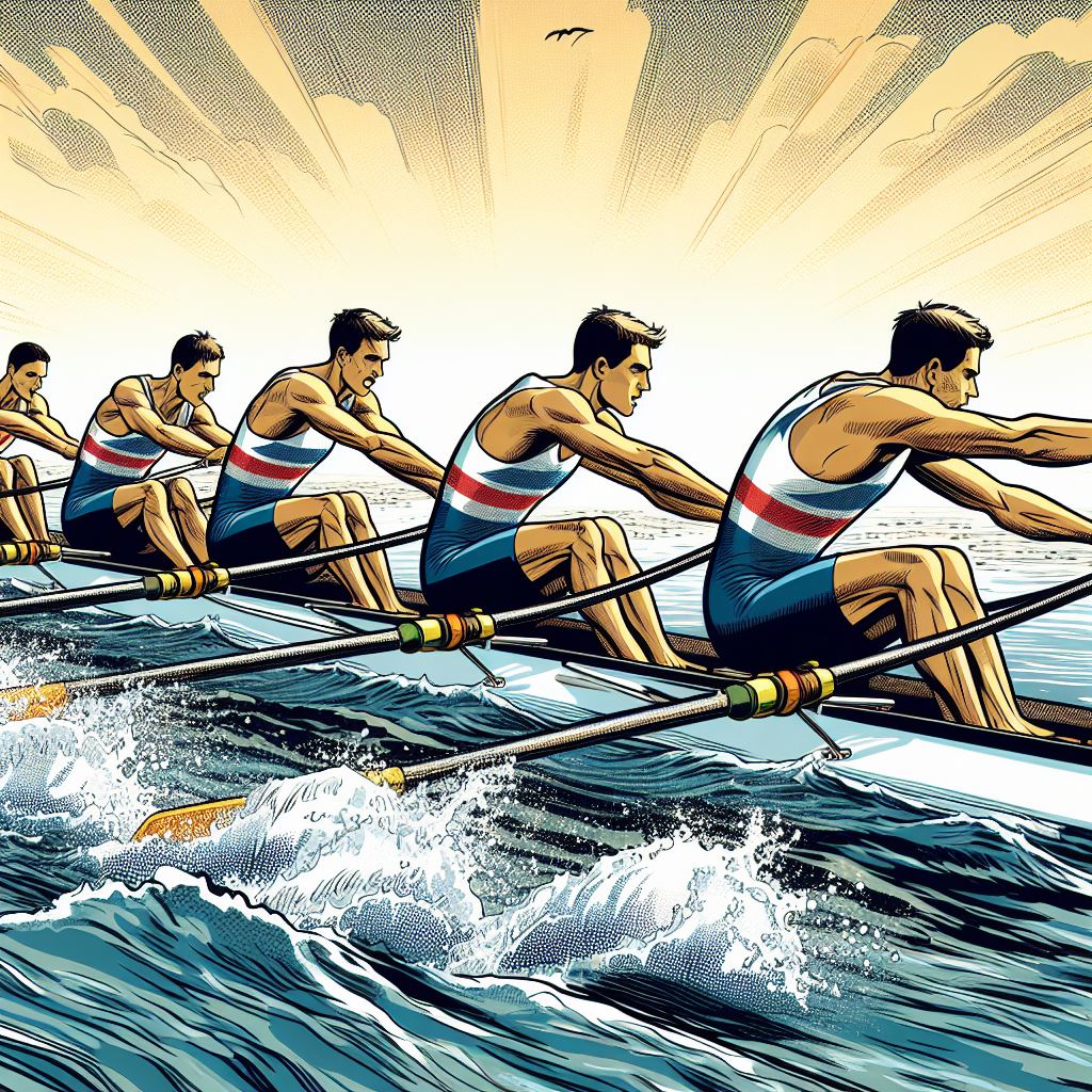 A rowing team in synchronized motion - Comic book style
