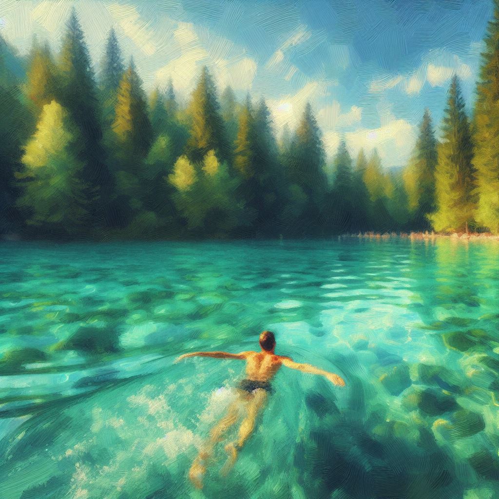A swimmer in a crystal-clear lake - Impressionism style