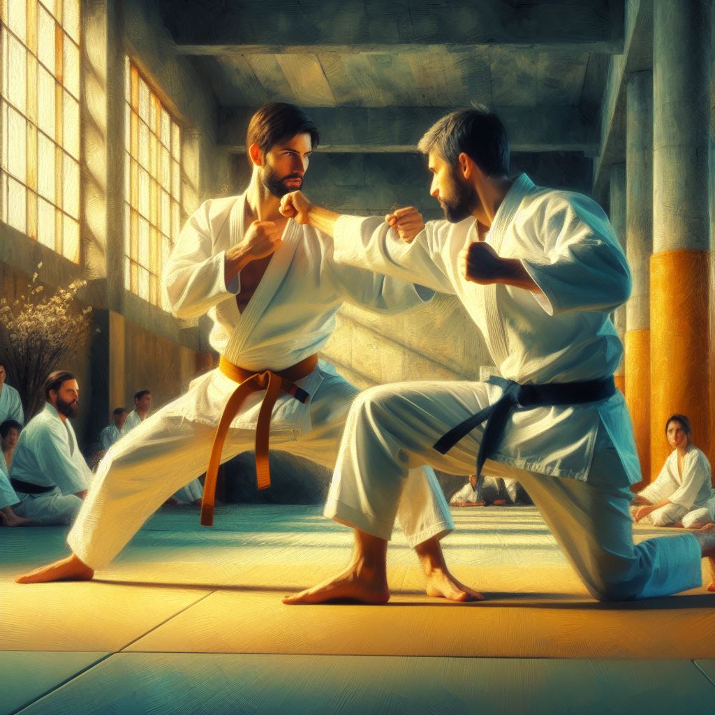 A martial artist sparring in a dojo - Oil painting style