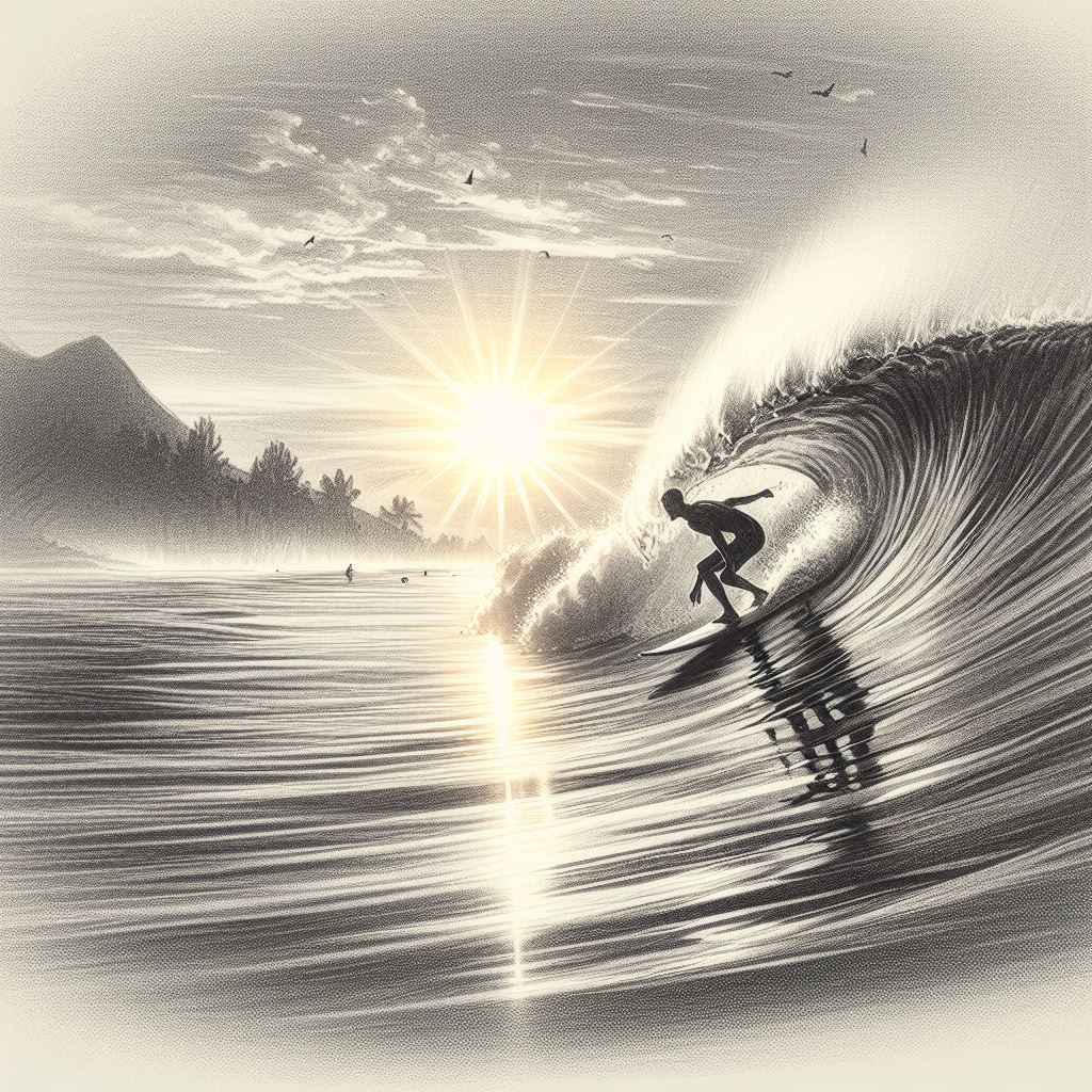 A surfer catching a wave at sunrise - Pencil drawing style