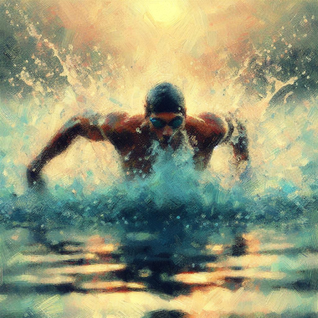 A swimmer emerging from the water with a splash - Impressionism style