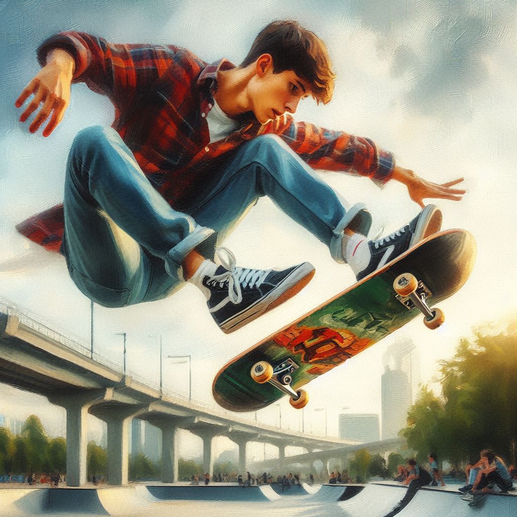 A skateboarder performing a flip trick - Oil painting style