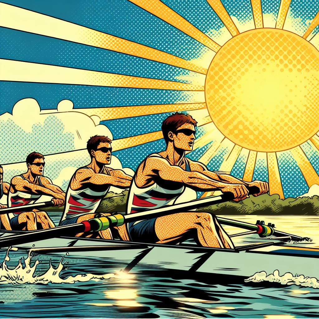 A rowing team rowing under a bright sun - Comic book style