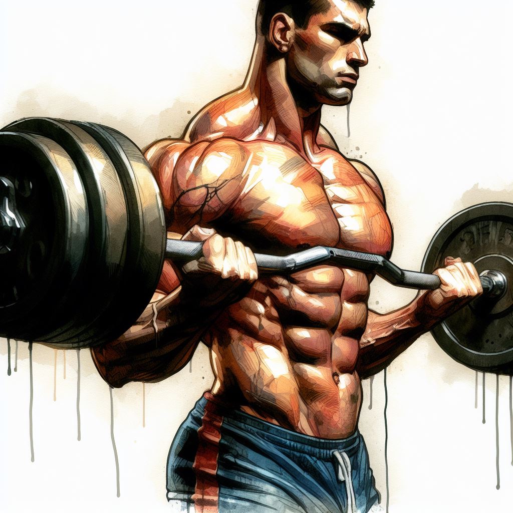 A bodybuilder lifting heavy weights - Watercolor style