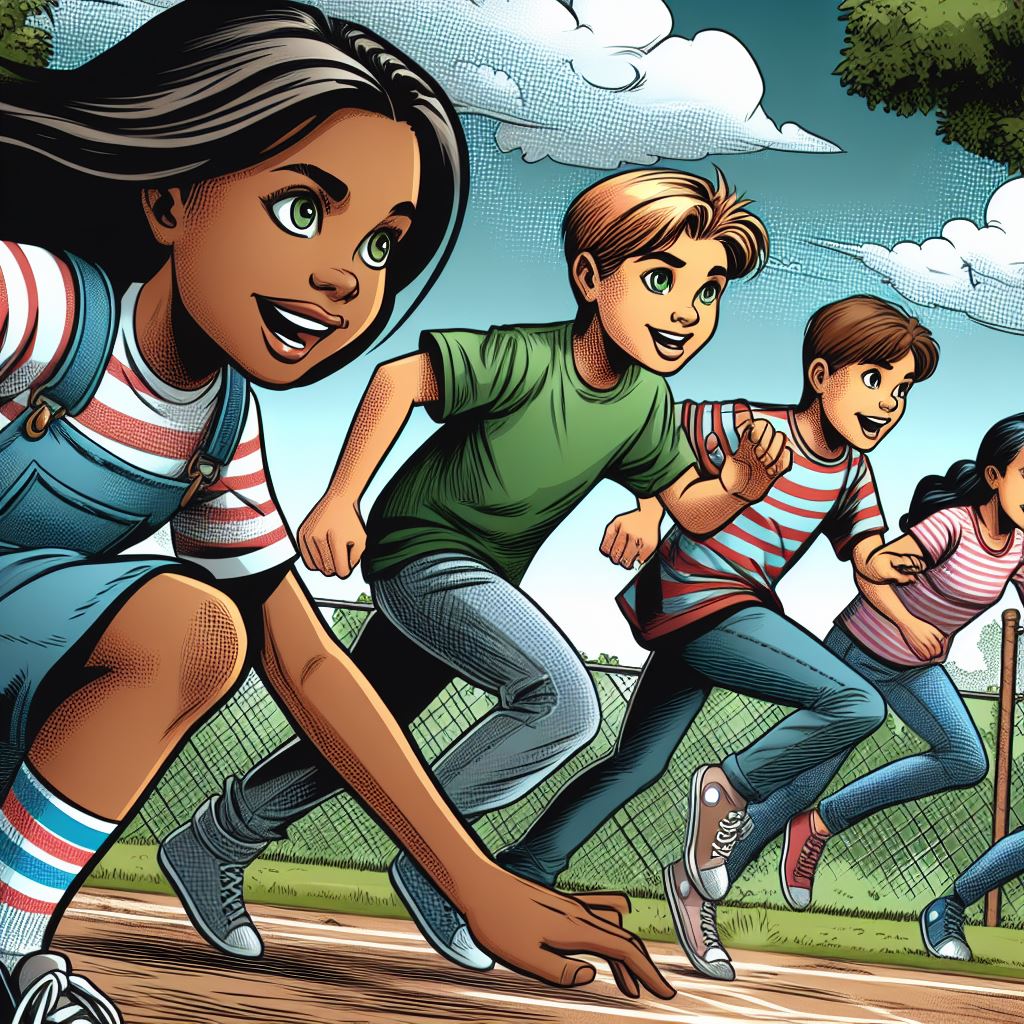 A group of kids playing tag in a park - Comic book style