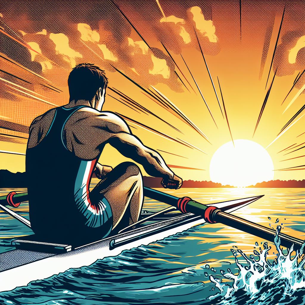 A rower rowing at dawn - Comic book style