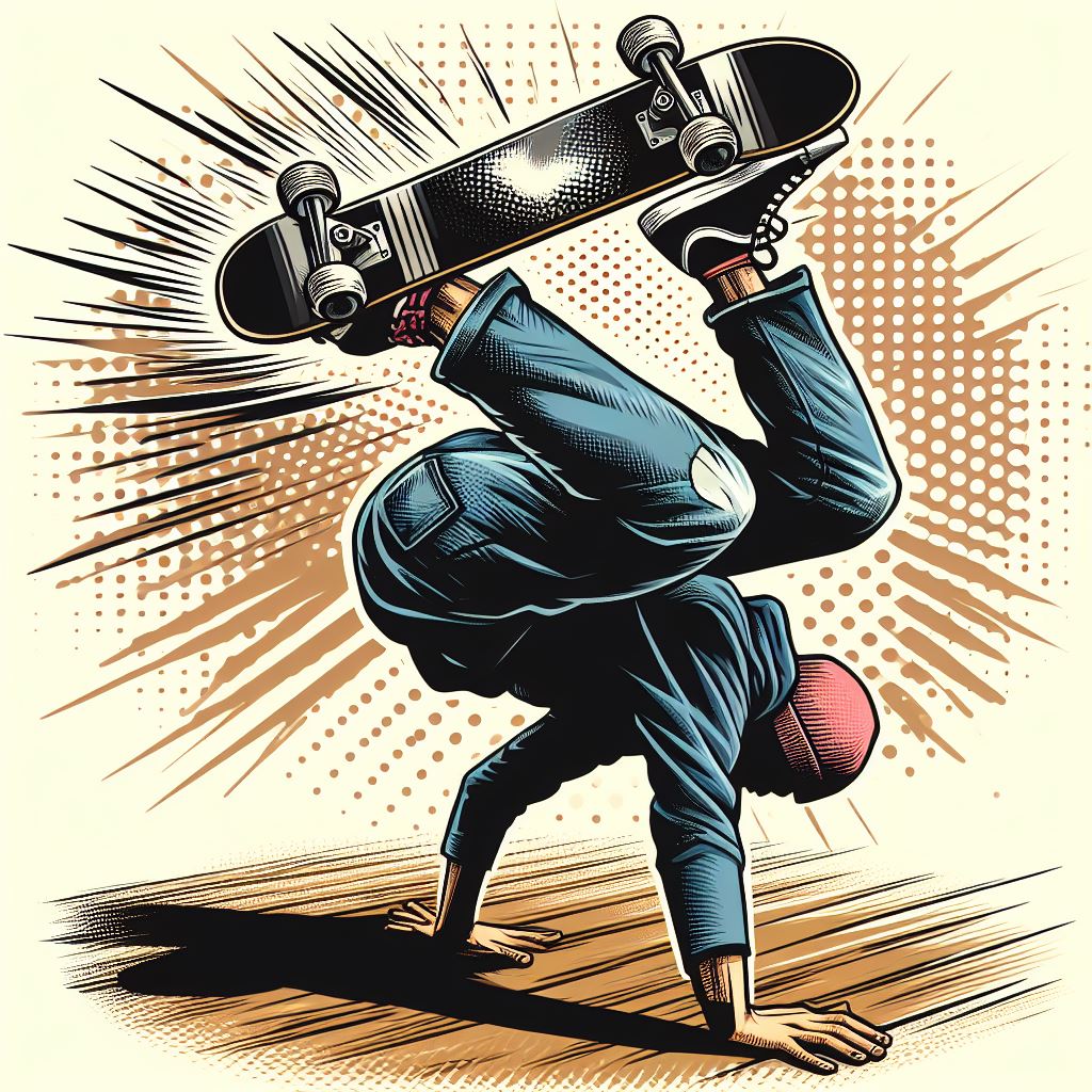A skateboarder doing a handstand trick - Comic book style