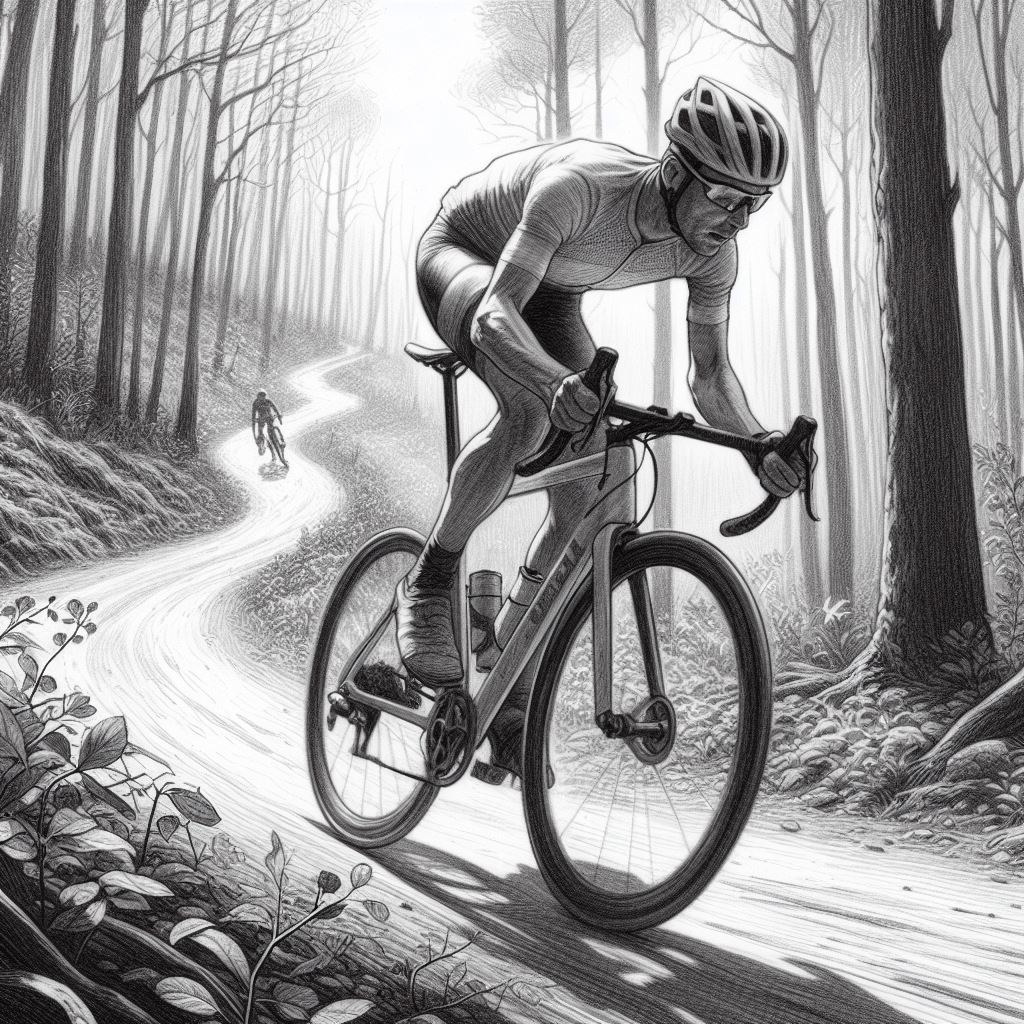 A cyclist racing through a forest trail - Pencil drawing style
