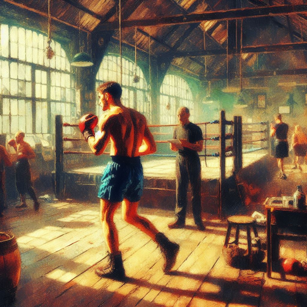 A boxer training in a vintage boxing gym - Impressionism style