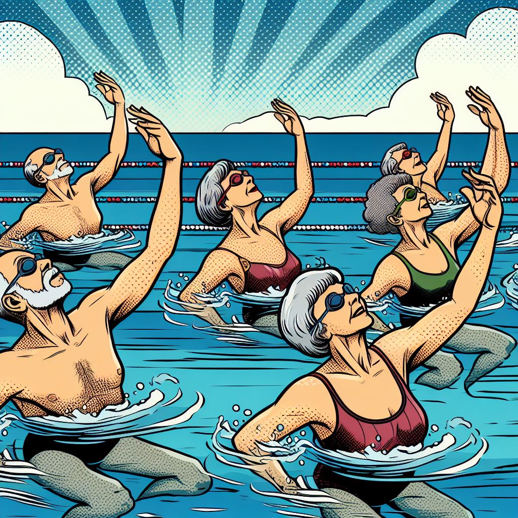 A group of seniors doing synchronized swimming - Comic book style