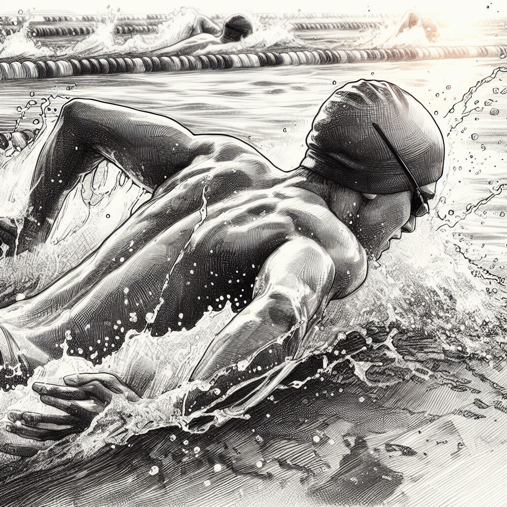 A swimmer in a race with a water splash - Pencil drawing style