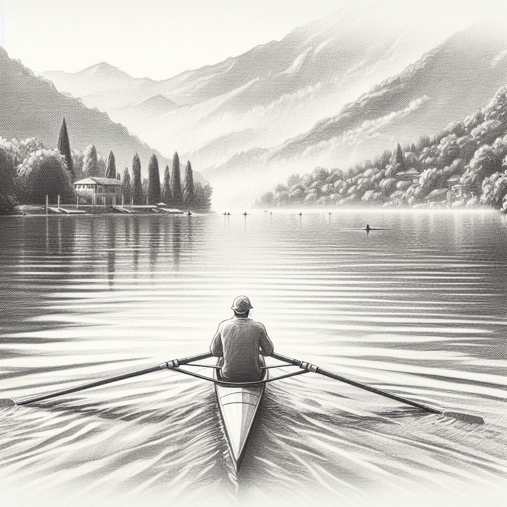 A rower rowing on a tranquil lake - Pencil drawing style