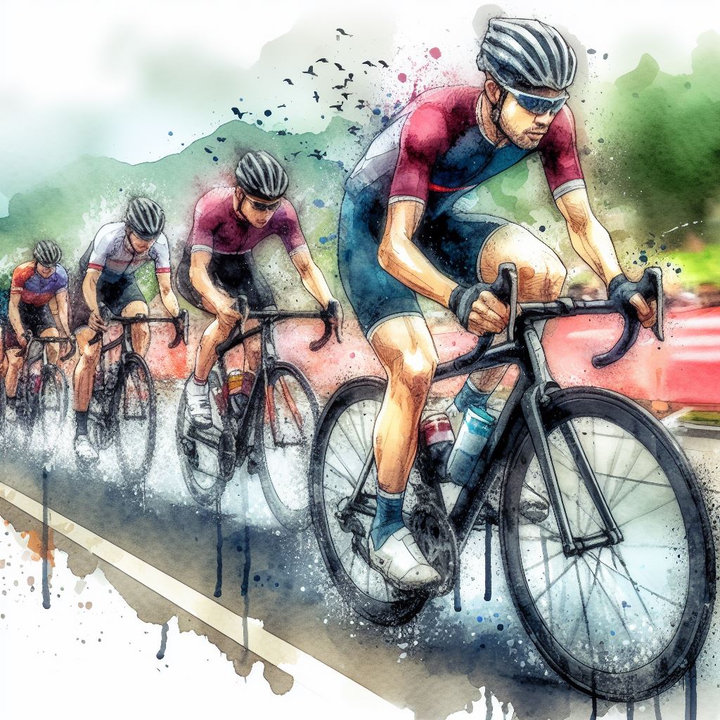 A cyclist racing in a peloton - Watercolor style