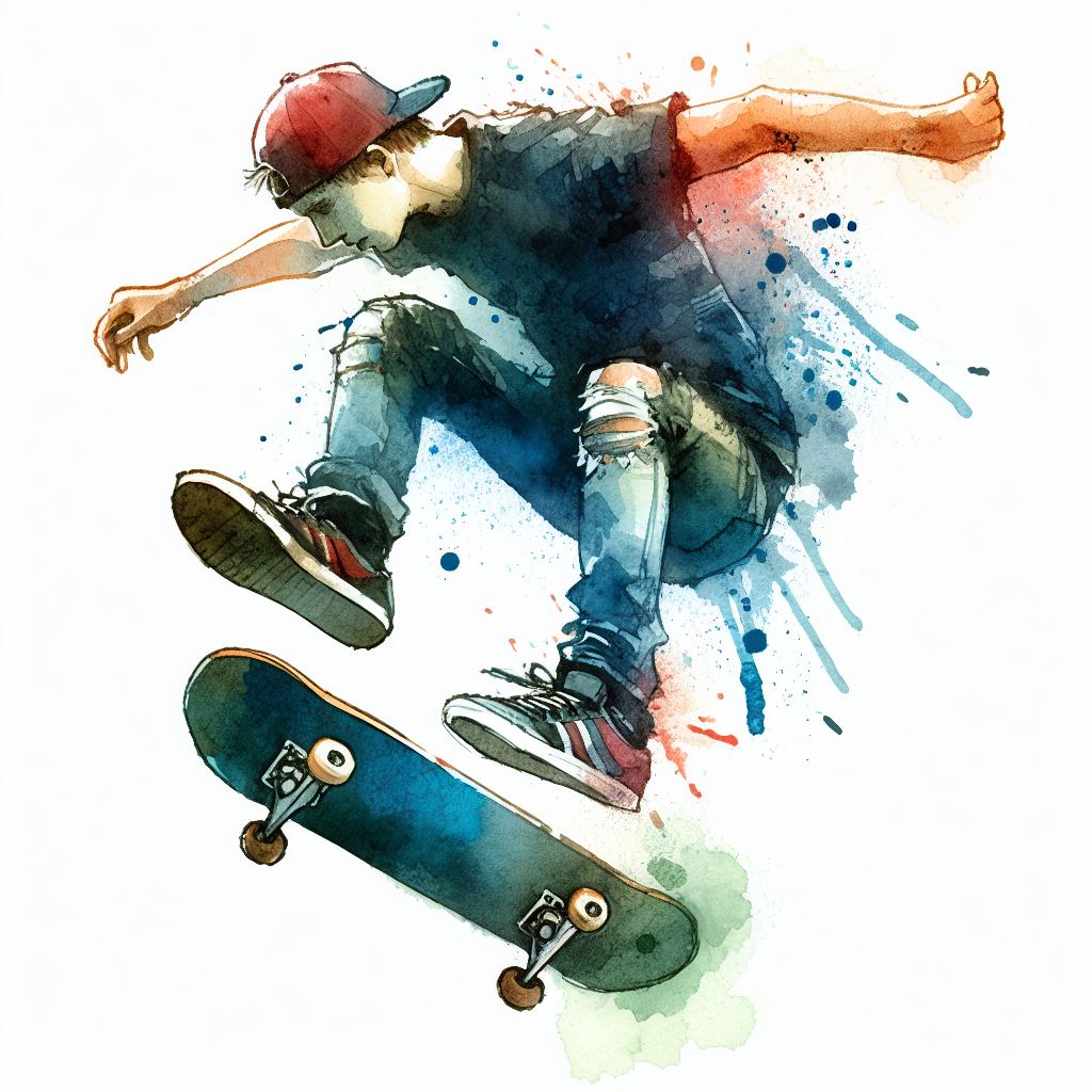 A skateboarder mid-air doing a trick - Watercolor style