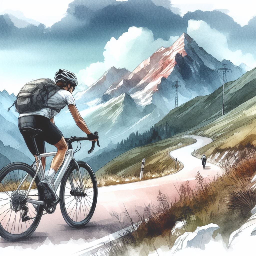 A cyclist on a winding mountain descent - Watercolor style